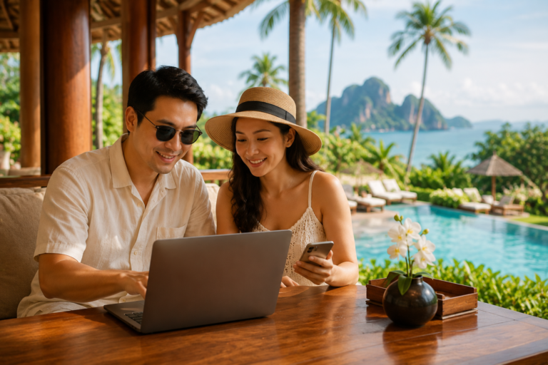 Travelers comparing hotel offers and booking directly at a Thai resort